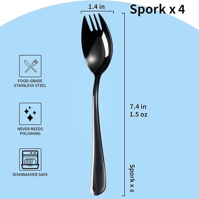 Alata Black Mirror Sporks 4-Pack Set Stainless Steel Sporks, 7.4 Inches Long Handle Salad Forks For Dessert, Ice Cream, Salad, Soup, Noodle, Spaghetti, Dishwasher Safe