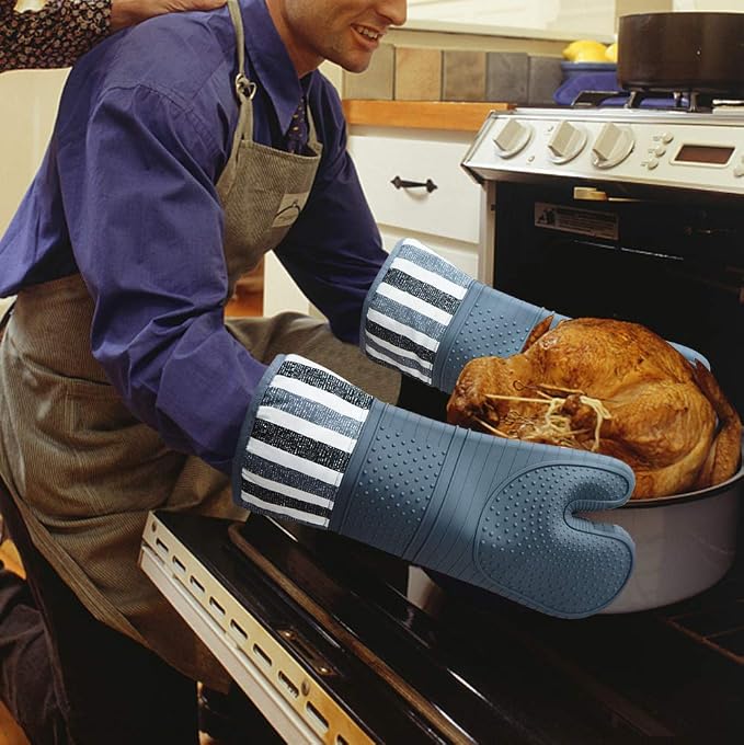 Heat Resistant 550 Degree Oven mitt, Silicone Oven Hot Mitts - 1 Pair | Extra Long Professional Baking Oven Gloves - Food Safe,Pot Holders Cooking,Grilling,Kitchen (Grey Mittens)