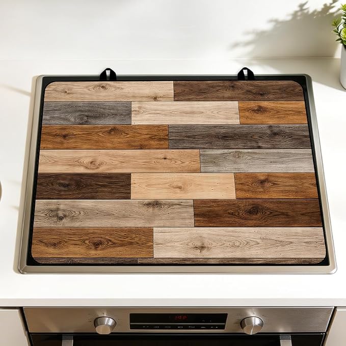 Reclaimed Wood Stove Top Cover for Electric Gas Glass Top Stove | Rustic reclaimed barn wood kitchen decor; non-slip stovetop cover, faux wood noodle board, glass cooktop mat, farmhouse