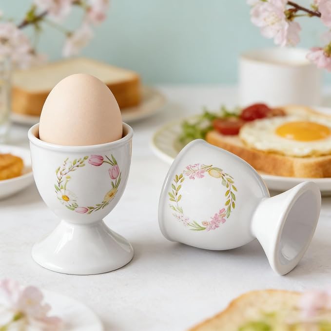 Cinf Ceramic Egg Cup Set, 2 Pack, Floral Boiled Egg Holders for Breakfast | Set of 2 ceramic egg cups, elegant floral design, stable base, easy to clean, ideal for boiled eggs and breakfast serving