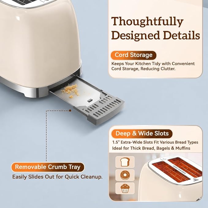 RONGBEST Retro 2 Slice Touchscreen Toaster with Stainless Steel Wide Slot for Breakfast Bread Bagel, Reheat & Defrost, 6 Browning Levels, Removable Crumb Tray, Cream Color