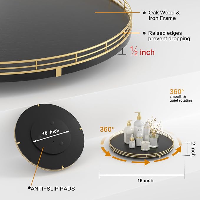 Oroyutor 16-Inch Oak Lazy Susan Organizer with Gold Rail and Black Finish | Oak wood base, gold metal rail and smooth 360-degree rotation for dining tables, kitchen counters and spice storage.