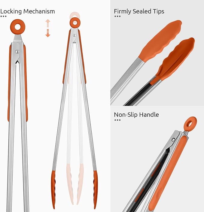 U-Taste Kitchen Tong for Cooking, 600ºF Heat-Resistant Tps, 16in/Orange | Extra Long BBQ Tongs, Large Tong for Grilling/Grabbing, Big Thong with Nonstick Silicone Tps & 18/8 Stainless Steel Handle