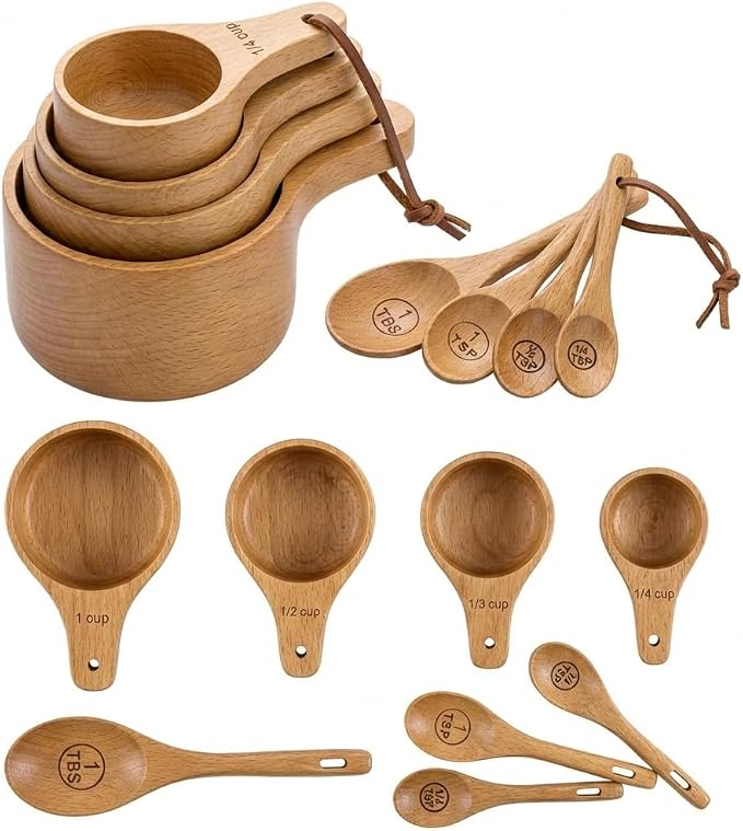 Wooden Measuring Cups and Spoons Set - Eco-Friendly Solid Acacia Wood, Laser Engraved Measurements, Perfect for Baking & Cooking - Ideal for Bakers (8-Pc Beechwood Cup & Spoon Set)