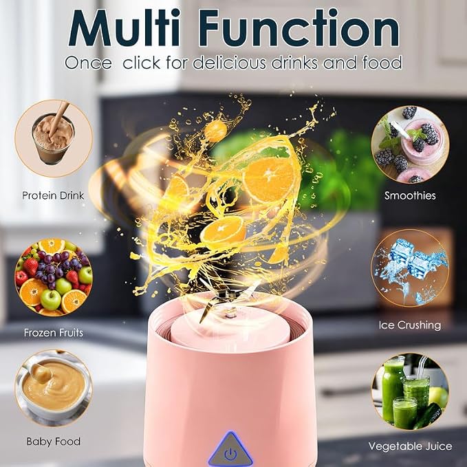 Personal Blender Wireless 24oz Cordless Mini 360 Watt Portable Blender-for Smoothies Freshly Squeezed Juices 6000mAh Self Cleaning and BPA Free Portable Juicer with 6 Sharp Blade Cute Pink