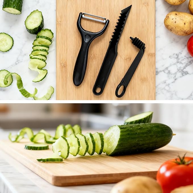 Kitchen Spiral Cutter and V-Shaped Tools with peeler, Spiral Potato Cutter V-Shape Carving Tool Vegetable Spiralizer Manual Screw Peeler for Veggies Cucumber