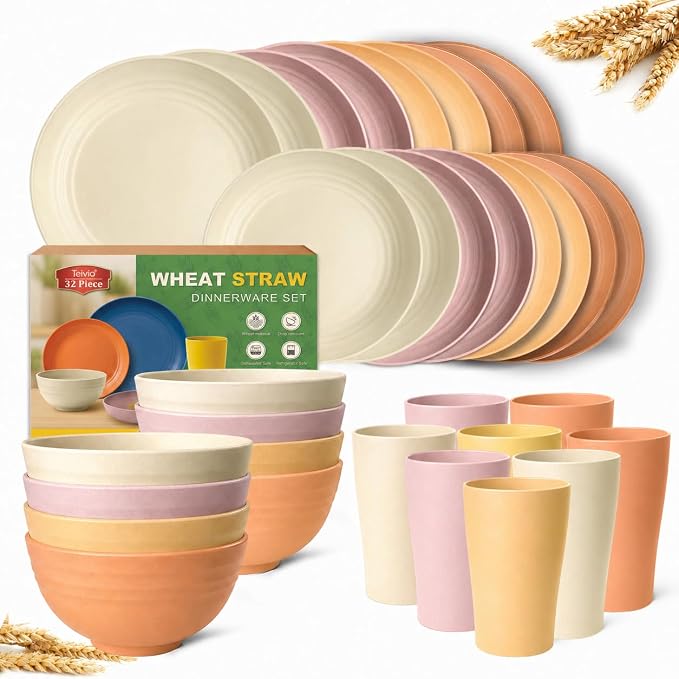 Teivio 32-Piece Plates and Bowls Sets for 8, Pink Ombre Dinnerware Sets | 13.5oz Cups, Plastic Wheat Straw Unbreakable Dish Set, Dishwasher Safe, for Outdoor Camping RV Apartment Essentials Plate Set