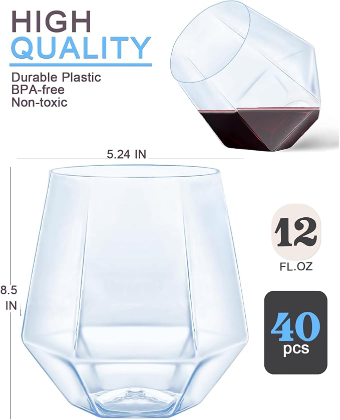 40 Pack Plastic Wine Glasses, 12 Oz Disposable Cocktail Whiskey Glasses | Diamond Stemless Champagne Margarita Glasses, Unbreakable Reusable Plastic Party Cups for Wedding Birthday (Blue)