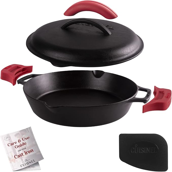 Cast Iron Skillet with Cast Iron Lid - 12"-Inch Dual Handle Frying Pan + Pan Scraper + Silicone Handle Holder Covers - Pre-Seasoned Oven Cookware - Use Indoor/Outdoor, Grill, Stovetop, Induction