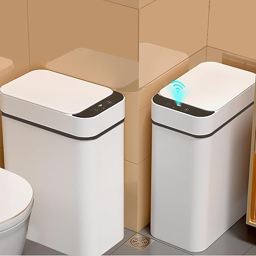 2 PACK - Slim Touchless Bathroom Trash Can - Smart Trash Can Motion Sensor | 2.5 Gallon Skinny Trash Bin with Lid - Electric, Narrow, Plastic, Auto Open - Small Automatic Garbage Can ( White )