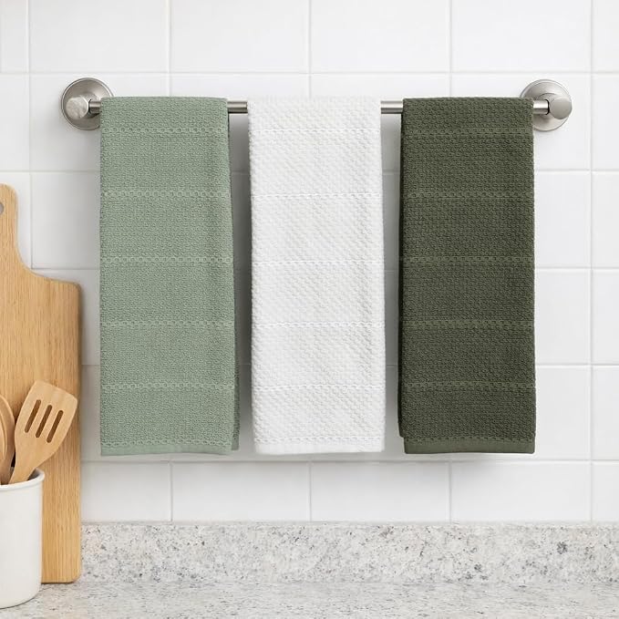 Sage White Dark Green Kitchen Dish Towels, Set of 3, 100% Cotton, 18" x 28" | Terry Loop Textured, Soft & Absorbent Cleaning Cloth, Quick Dry, Multipurpose for Everyday Use