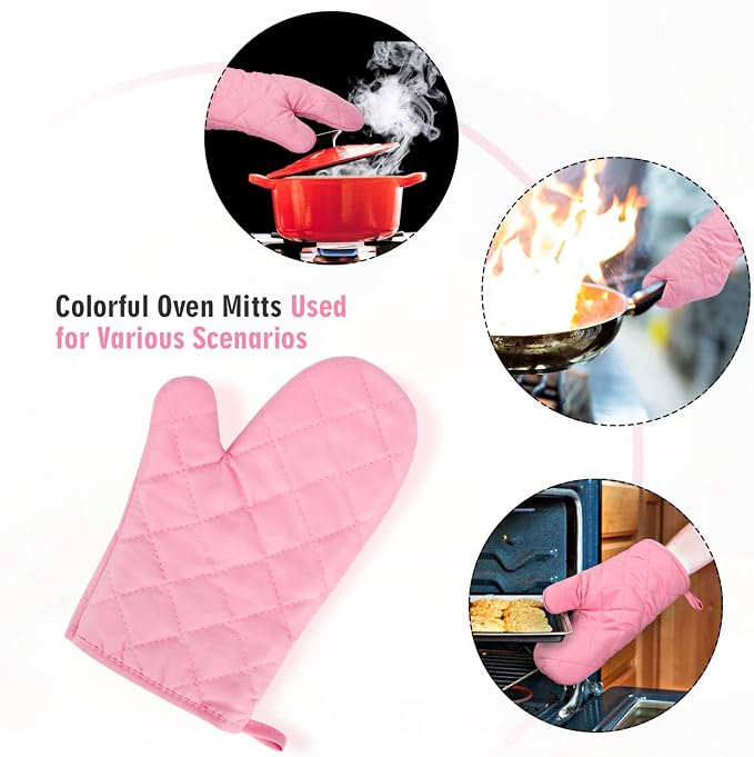 Heat Resistant Thick Cotton Oven Mitts Set, 11 Inch, Pink | Soft Quilted Lining, Strong Grip Potholders for Hot Pans and Oven, Kitchen Mitt Pair Protect Hands, Cooking Baking BBQ Gloves
