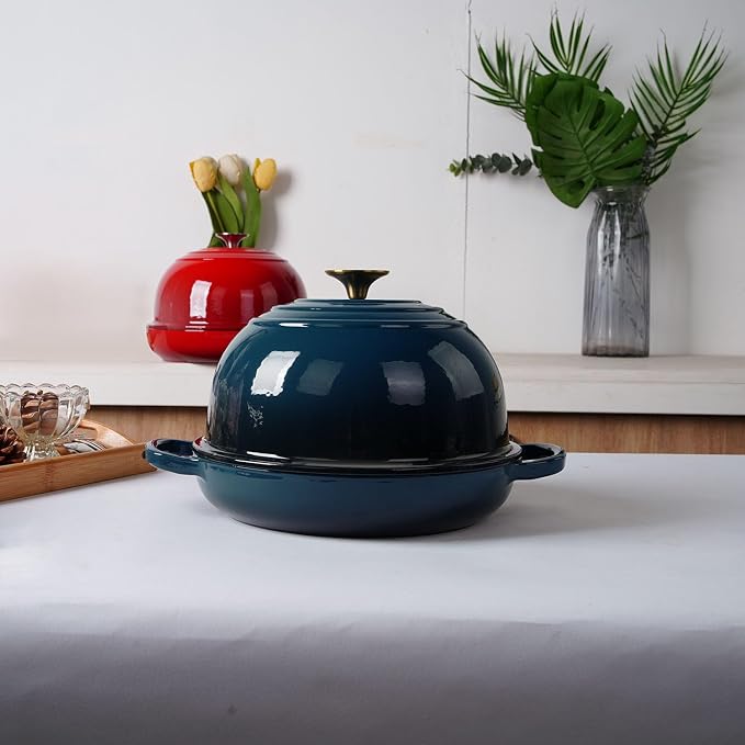 Enameled Cast Iron Bread Pan, Sourdough Artisan Bread Oven – Dark Teal Blue – Round 26 cm, 6.25 L (6.6 qt) – Boule Pan with a Deep Lid for Steam Baking