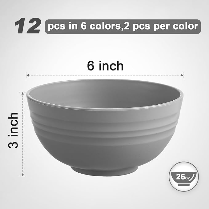HEYCOME 12 Pcs Unbreakable Cereal Bowls Set, 26 Oz Wheat Straw Bowls Set, Microwave & Dishwasher Safe Bowls for Kitchen, Reusable Plastic Bowls for Soup, Salad and Snack, BPA Free, Multicolor
