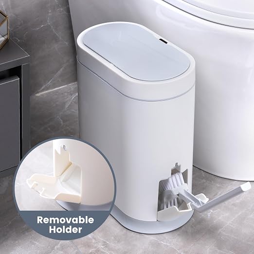 ELPHECO Bathroom Trash Can with Toilet Brush 2.5 Gallon Waterproof Trash Bin Smart Garbage can with lid Motion Sensor Waste Bin Automatic Bathroom Decor (White) | Motion Sensor Garbage can with lid, Automatic Trash Bin, Waterproof Waste Bin, Bathroom D...