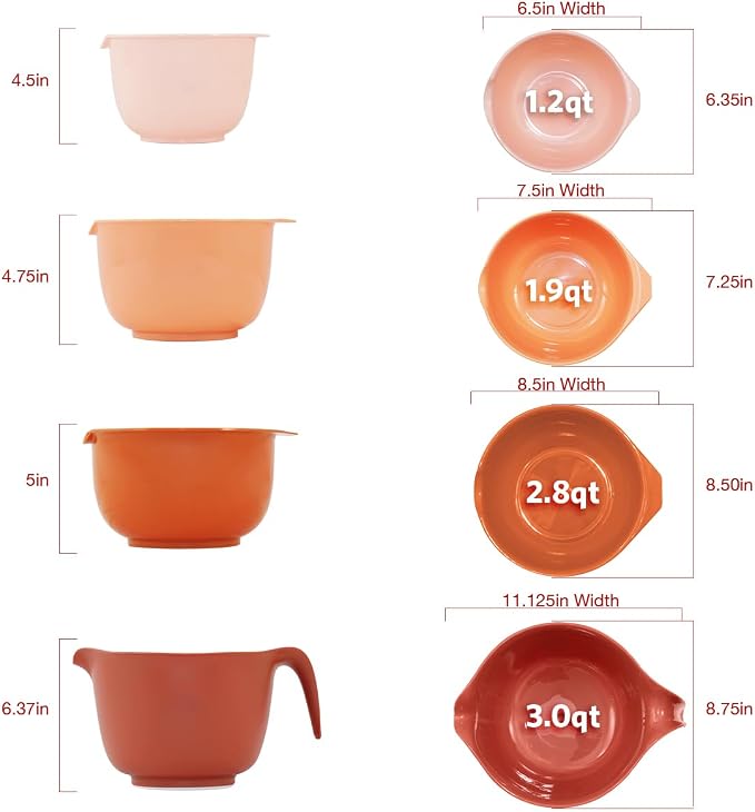 Glad Mixing Bowls with Pour Spout, Set of 4 - Nesting Plastic Bowls (1.2qt, 1.9qt, 2.8qt, and 3qt with Handle) - Non Slip Base, Dishwasher Safe Kitchen Cooking and Baking Supplies, Rust