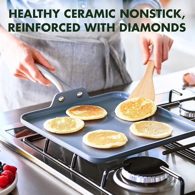 GreenPan Lima Hard Anodized 11” Square Griddle Pan, Ceramic Nonstick, PFAS-Free Nontoxic Pots and Pans, Oven & Broiler Safe, Stainless Steel Handle, Cookware for Eggs & Omelet, Gray