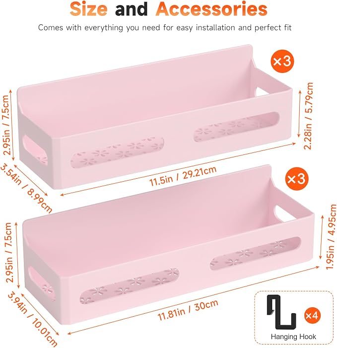 4-Pack Magnetic Spice Rack for Refrigerator with Hooks, Pink | Strong multipurpose magnetic shelf for kitchen & bathroom organization. Includes 4 removable hooks for hanging items.