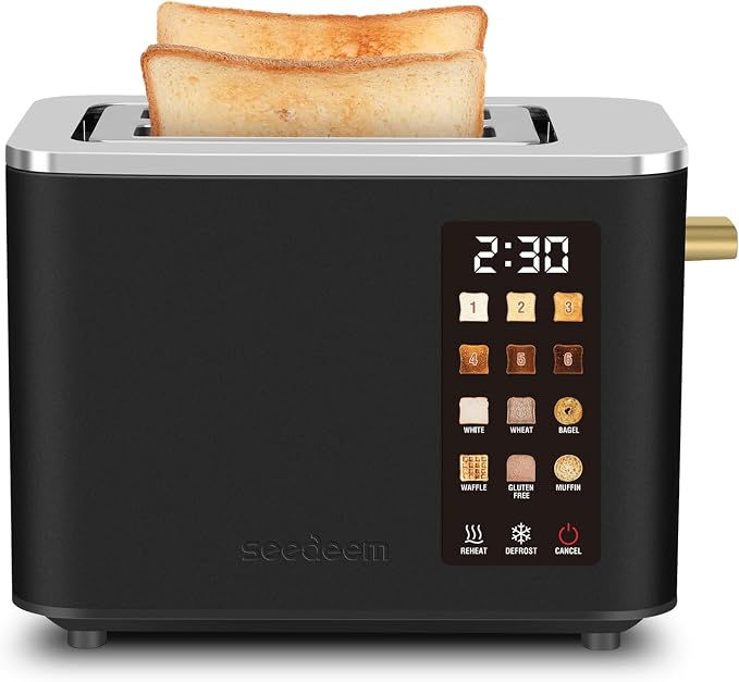 SEEDEEM Touchscreen Toaster 2 Slice, Stainless Steel, 6 Shade, 900W, Black