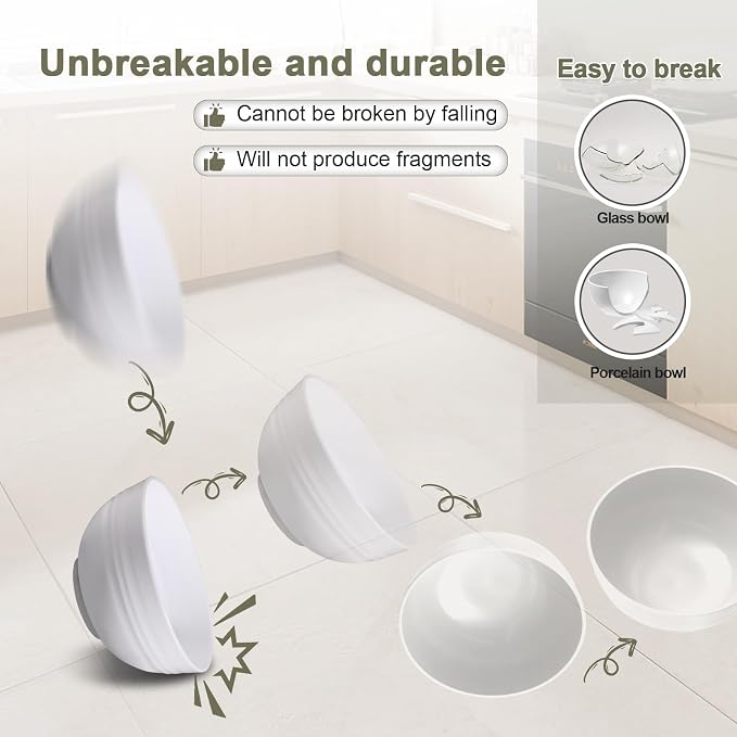 12 Pcs Unbreakable Cereal Bowls Set, 26 Oz Wheat Straw Bowls Set, Microwave & Dishwasher Safe Bowls for Kitchen, Reusable Plastic Bowls for Soup, BPA Free, White (NON-CERAMIC‌)