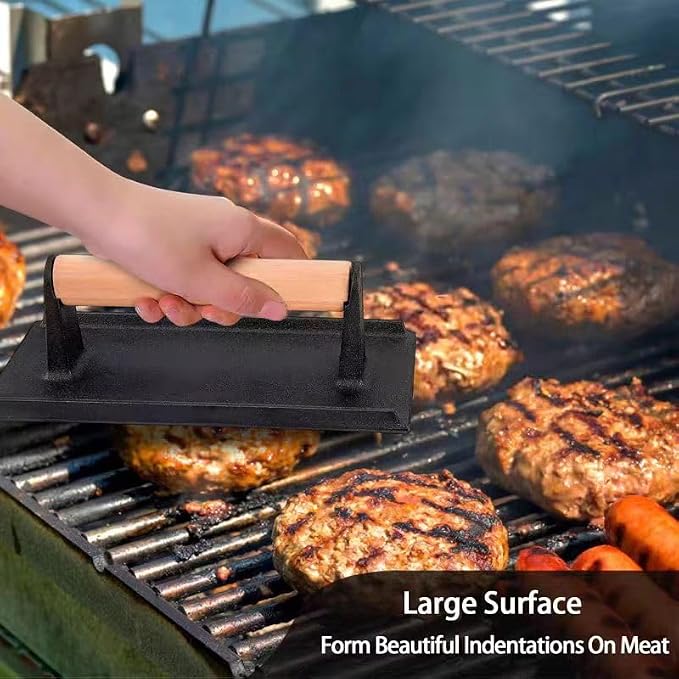KitchenTools Heavy Duty 8"Cast Iron bacon Grill Press Smash Burgers Press Burger Tool for Grill and Griddle BBQs and Tailgates Gifts for Men and BBQ Enthusiasts
