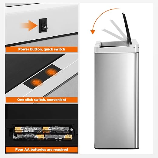 BestOffice 13 Gallon(50L) Trash Can Stainless Steel Kitchen Garbage Can with Automatic Sensing Cover Anti-Fingerprint for Home Office Bathroom Bedroom Kitchen Trash Can with Lid Waste Bin