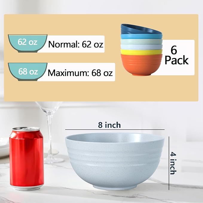 Homestockplus [Set of 6] 68 Oz Salad Bowls Large Serving Bowls Unbreakable Ramen Bowl for Salad, Soup, Ramen, Noodle, Oatmeal, Snack Apply to Kitchen, Freezer,Dishwasher & Microwave Safe
