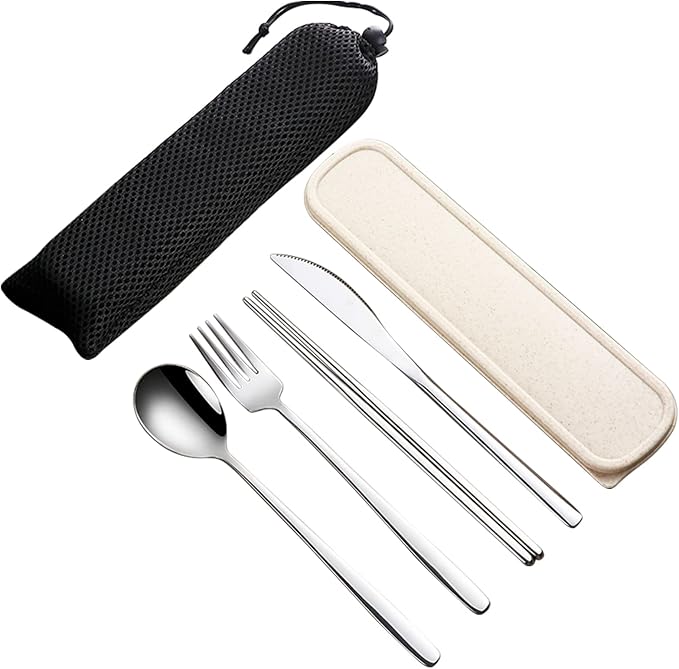 VANRA 4-Piece Portable Travel Utensils Set with Case 18/8 Stainless Steel Flatware Set Reusable Cutlery Set with Fork Spoon Knife Chopstick for Lunch Travel Camping School Work Picnic (Silver)