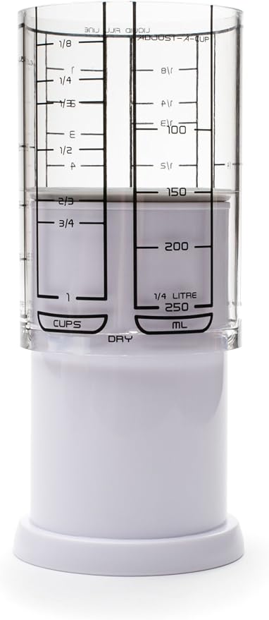 KitchenArt 1 Cup Adjust-A-Cup, Plastic, White | Plunger Measuring Cup | Measures Between 1/8 Cup to 1 Cup | Includes Conversions | Kitchen Gadget | Measures Solids & Liquids