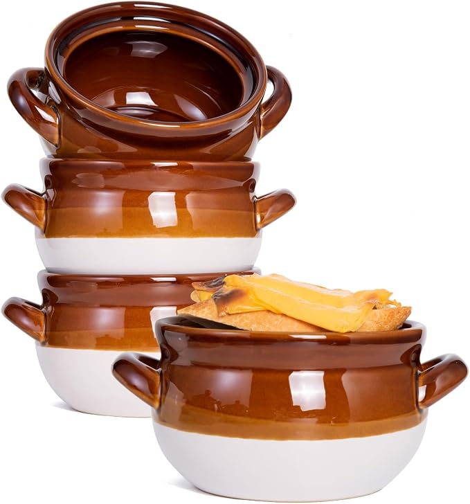 Vumdua French Onion Soup Bowls with Handles, 22 oz Ceramic French Onion Soup Crocks Oven Proof for Chilli, Cereal, Pot Pies - Oven, Broil & Dishwasher Safe, Set of 4