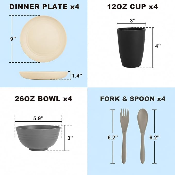 Wheat Straw Dinnerware Sets 20 PCS - Unbreakable Plates and Bowls Set | Plastic Dishes Set for 4, Lightweight Camp Dishes for Outdoor and Family Gatherings.