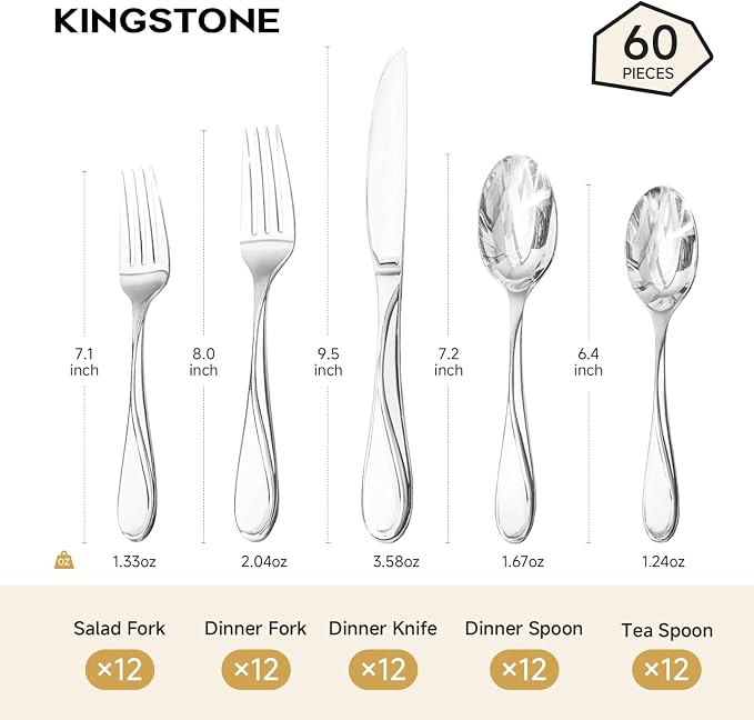 60-Piece Silverware Set Service for 12, Heavy Duty Stainless Steel Flatware Set,Cutlery Set for Home Kitchen Restaurant Wedding, Dishwasher Safe