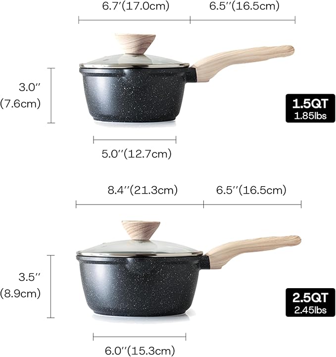 Kordisen Sauce Pan Set with Lid, 1.5Qt & 2.5 Qt Nonstick Cooking Pots with Pour Spout, Easy to Clean, Small Kitchen Induction Saucepan with Granite Coating, PFOA/PFOS Free (Black)