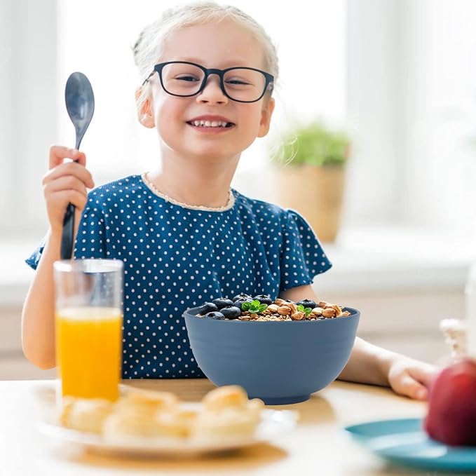 Soup Bowls, Cereal Bowl, Premium Wheat Straw Bowls Set of 8, Unbreakable Plastic Bowls Microwave Safe, Dishwasher Safe Serving Bowl for Kitchen, Breakfast, Dinner, Salad, Poke (Blue, 26 OZ)