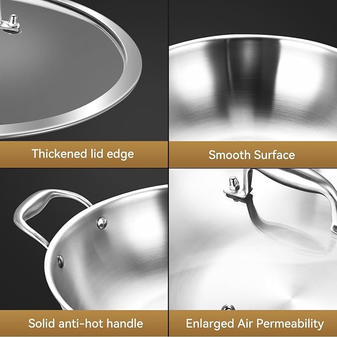 LOLYKITCH 13-Inch Stainless Steel Wok with Lid | 5.5-Quart | Dual Handles | Uncoated Tri-Ply Stir Fry Pan | Everyday Cooking Wok for Induction | Flat Bottom | PFOA-FREE | 4-5 Servings ﻿