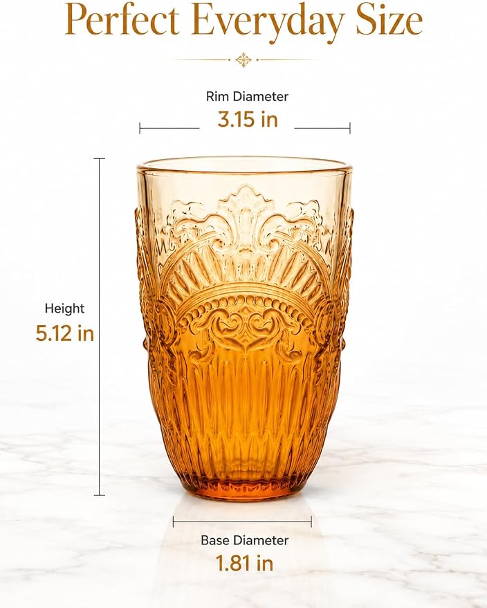 13 OZ 6 Pack Vintage Drinking Glasses Set, Colorful Textured Glass Water Tumblers Cups -Embossed Striped Glassware for Water, Cocktails, Juice, Iced Coffee, Beer(Imperial Arch style)