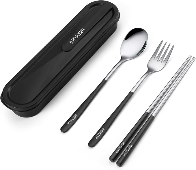 iNKULEER Travel cutlery set, 18/8 stainless steel cutlery, Reusable utensils set with case, Portable Silverware Lunch Box for Camping and Office (Black)