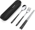 iNKULEER Travel cutlery set, 18/8 stainless steel cutlery, Reusable utensils set with case, Portable Silverware Lunch Box for Camping and Office (Black)
