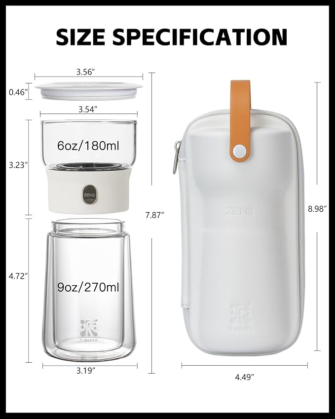 ZENS Modern Glass Infuser Pot, One Touch Tea Maker for Loose Leaf Tea | Glass Teapot with Infuser, Magic Tea Infuser with 6.7oz Insulated Mug and Portable Case for Tea Lovers Gifts