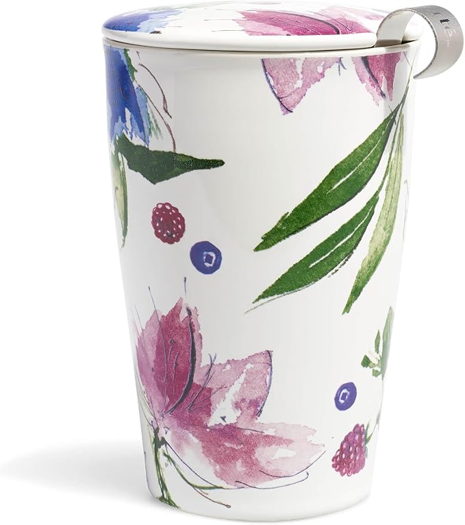 Tea Forte Double-Walled Ceramic Kati Cup, Herbal Retreat, 12 oz | Insulated Ceramic - Stainless Steel Loose Leaf Infuser - Keeps Tea Hot Longer - Lid Included - Microwave & Dishwasher Safe