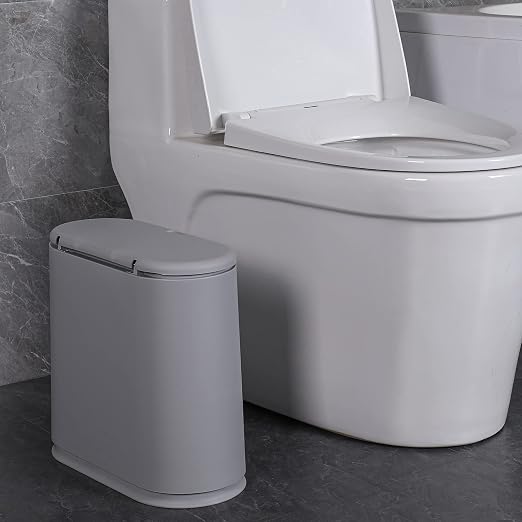 Sooyee 10 Liter Rectangular Slim Plastic Trash Can, Gray | Press Type Lid, 2.4 Gallon, Wastebasket, For Bathroom, Powder Room, Bedroom, Kitchen, Craft Room, Office