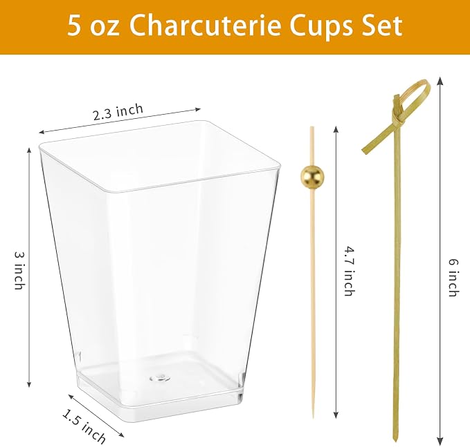 50 Sets 5 oz Plastic Charcuterie Cups with 100 Sticks, Square Appetizer Cups with Cocktail Picks Mini Party Serving Cups for Fruit, Snack, Dessert
