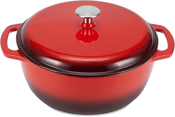 Amazon Basics Enameled Cast Iron Dutch Oven Pot with Lid, Round, Dual Handles, Heavy-Duty, Oven Safe for Stews, Roasting, Baking, 4.3-Quart, Red