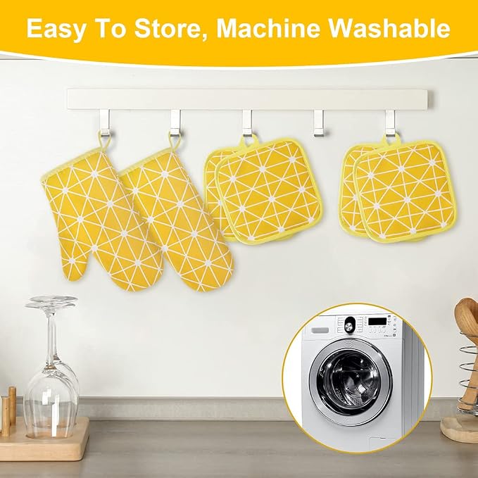 AUAUY Oven Mitts and Potholders BBQ Gloves-Oven Mitts and Pot Holders with Recycled Infill Silicone Non-Slip Cooking Gloves for Cooking Baking Grilling (6-Piece Set,Yellow) | Cooking Gloves and Hot Pads Baking Mittens BBQ Gloves, Top Kitchen Gadgets, N...