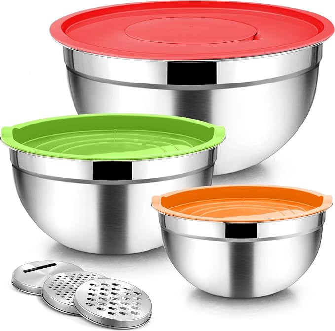 TeamFar Mixing Bowls, Stainless Steel Nesting Salad Bowls Set | Mixing Bowls with Lids & 3 Grater Attachments, For Mixing/Serving/Storing, Non-toxic & Long-lasting, 4.6/3/1.5 QT, Colorful