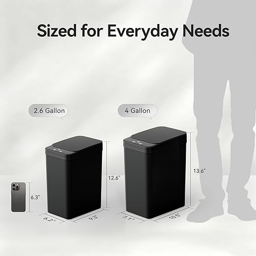 FRESHLIX Bathroom Trash Can, 2.6 Gallon Automatic Motion Sensor Touchless Garbage Can, Waterproof Trash Bin with Lid, Narrow Small Waste Bin for Kitchen, Office, Bedroom, Black