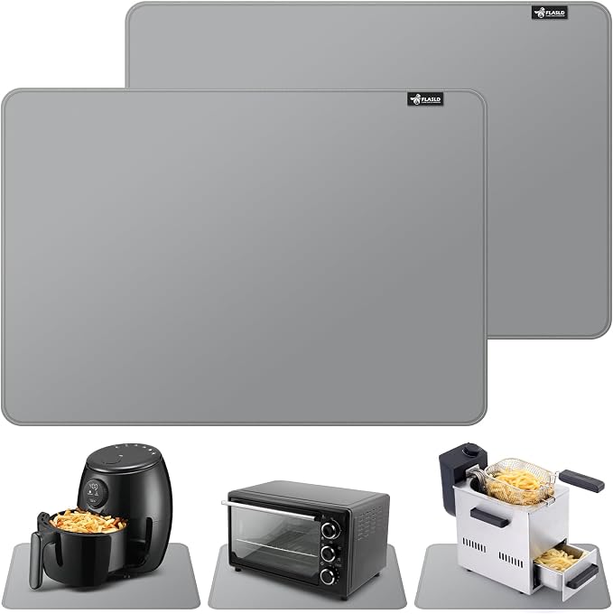 FLASLD 2Pack Heat Resistant Mat for Air Fryer Site on,12"X18" Fireproof Silicone Mats for Kitchen Counter, Countertop Protector, No-slip and Waterproof Gray