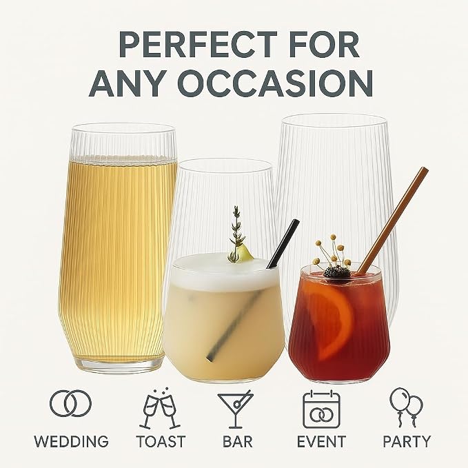 48 Pack Disposable Wine Glasses, 24 Stemless 9oz Champagne Flutes & 24 12oz Cocktail Cups - Ribbed Reusable BPA-Free Shatterproof Unbreakable Recyclable Plastic for Wedding Birthday Party Bar (Clear)