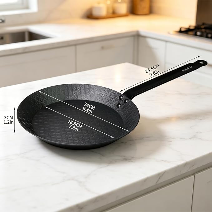 Carbon Steel Frying Pan, 9.5 Inch Naturally Non-Coated Carbon Steel Skillet, Professional Cooking Pan for Steak, Crepe, Tortilla & Stir Fry, Locks in Steak Juices & Separates Excess Fat