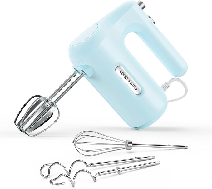 Lord Eagle 5-Speed Small Hand Mixer Electric, 300W Compact Portable, Blue | Handheld Kitchen Mixer Egg Beater with 5 Attachments & Storage Bag, Cake Supplies for Bread Dough Baking, Lightweight